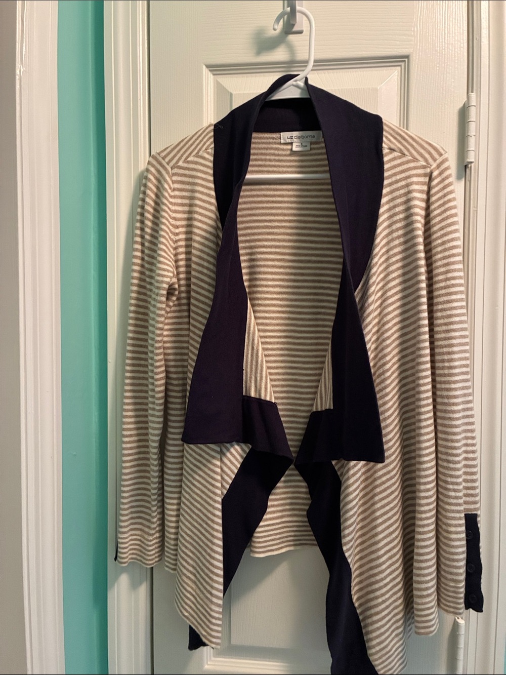 Liz Claiborne Beige and Black Draped Open-Front Cardigan